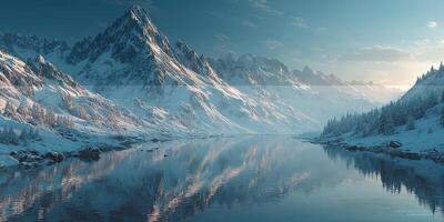 Snow-covered mountains reflect in a tranquil lake at dawn in a serene winter landscape photo