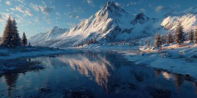 Majestic snow-covered mountains reflect in a tranquil lake during early morning hours with a clear blue sky photo