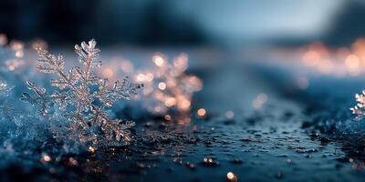 Snowflakes glisten on wet pavement during twilight as soft lights twinkle in the background creating a winter atmosphere photo
