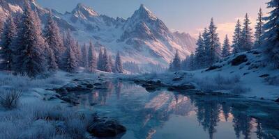 Snowy mountain landscape with a tranquil river reflecting peaks during sunrise in a serene winter setting photo