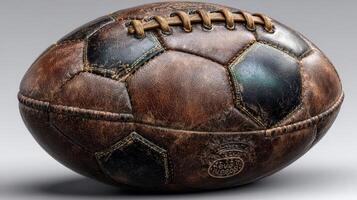 Vintage leather soccer ball resting on a surface showcasing craftsmanship and nostalgia in sports equipment photo