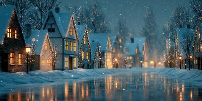 Winter evening in a quiet village with snow-covered houses and a shimmering river under moonlight photo