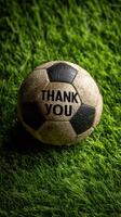 Soccer ball with a thank you message placed on vibrant green grass in a sunny sports field setting photo
