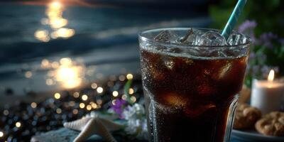 Enjoying a refreshing cold drink by the seaside during sunset with stars shining on the water photo