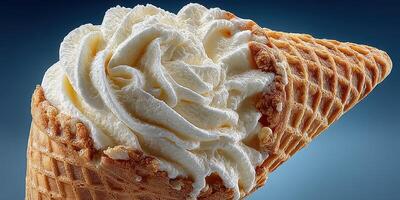 Delicious ice cream cone topped with fluffy whipped cream in a stunning blue background during a warm summer day photo