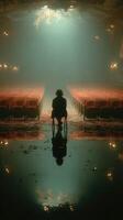 Lonely figure reflects in the empty theater with red seats and mystical lighting at dusk photo