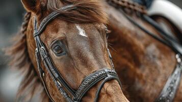 Close-up of a beautiful brown horse in a bridle, showcasing its expressive eye during an equestrian event in the early morning light photo