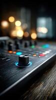 Close-up of a mixing console knob illuminated against a blurred background with lights during a music production session photo