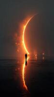 Mysterious figure stands alone under a glowing crescent at twilight near a reflective lake photo