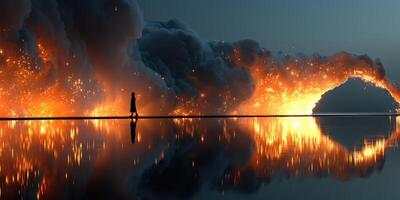 Mysterious figure walks through a fiery landscape reflecting on water at twilight photo