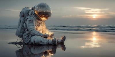 Astronaut sitting on the beach at sunset, reflecting on the cosmos and life beyond Earth photo