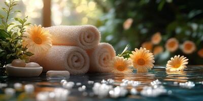 Relaxing spa setting with rolled towels, flowers, and soothing ambiance in a tranquil natural environment photo