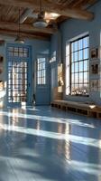 Modern interior design in a sunlit studio featuring blue walls and wooden accents with large windows showcasing a city view photo