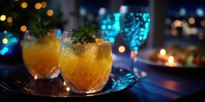 Bright cocktails and elegant glassware create a festive atmosphere at a nighttime gathering with city views photo