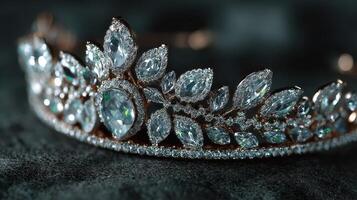 Elegant tiara adorned with sparkling jewels displayed on a dark velvet surface capturing luxury and detail in a close-up shot photo