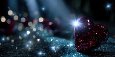Sparkling red heart surrounded by shimmering lights on a dark surface photo