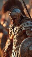 Historical warrior prepares for battle in an ancient setting during golden hour photo