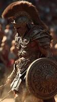 Gladiator in battle armor prepares for combat in an ancient arena during a grand tournament event photo
