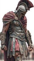 Gladiator in historic armor walks confidently at a cultural festival in a sunny outdoor setting photo