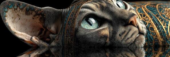 Unique cat portrait with intricate patterns showcasing vibrant eyes and detailed features in rich colors photo