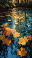 Beautiful autumn leaves floating on a tranquil pond surrounded by golden sunlight in a serene forest photo