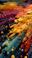 Colorful abstraction of paint splashes and droplets creating a vibrant explosion on a dark surface photo