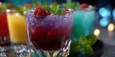 Colorful sparkling drinks served in glasses at a festive gathering during the evening photo