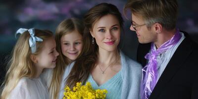 Family portrait with children in a cozy setting during a spring afternoon, capturing smiles and joy photo
