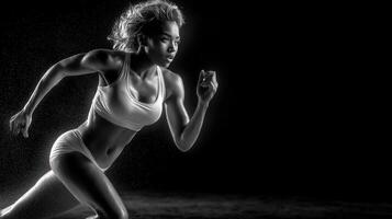 Dynamic athlete sprinting in a dramatic black and white setting with captivating energy captured during a training session photo