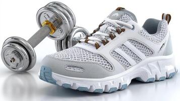 Running shoe and dumbbell placed on a reflective surface in a fitness setting with bright lighting photo