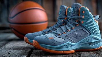 Basketball shoes in focus next to an orange basketball on a rustic wooden surface photo