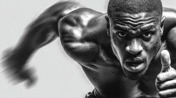 Athlete sprinting intensely during a training session in a dynamic black and white style photo