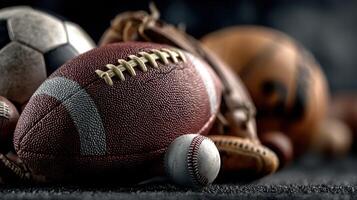 Various sports balls and a glove arranged on a dark surface showcasing the diversity of athletic activities photo
