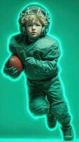 Young football player in gear running with a ball in a dynamic pose in bright green background photo