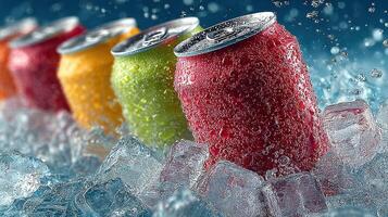 Refreshing soft drinks on ice with droplets capturing summer vibes in a colorful display photo