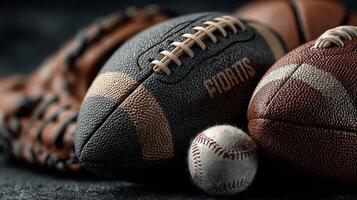 Leather sports balls and gloves arranged on a dark surface in a close-up view showcasing texture and detail photo