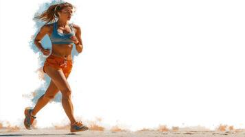 Woman running on a sunny day along a sandy beach while wearing athletic gear and enjoying outdoor fitness activity photo