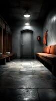 Empty locker room with wooden benches and an industrial door in a dimly lit environment photo