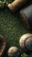 Baseball equipment arranged on green grass with a rustic look during a sunny day photo