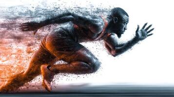 Runner accelerates on track capturing the essence of speed and determination during a competitive race in an athletic setting photo