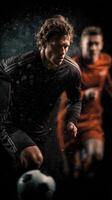 Intense soccer match under dramatic lighting with players in action photo