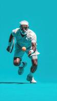 Senior tennis player serves with focused determination against a bright turquoise background photo