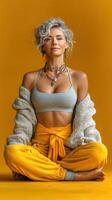 Person meditating in a serene posture, exuding peace and calmness, against a vibrant yellow backdrop photo