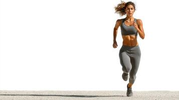 Young woman running on a clear path during daylight for exercise and fitness training photo