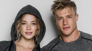 Young adults showcase modern athletic apparel in casual studio setting with confident expressions photo