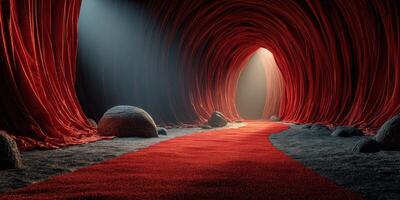 Surreal red tunnel with soft light illuminating the path in an abstract environment photo