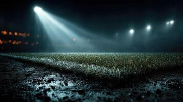 Bright stadium lights illuminate an empty soccer field during a nighttime match photo