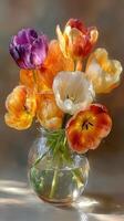 Vibrant bouquet of colorful tulips in a glass vase on a sunny table setting photo