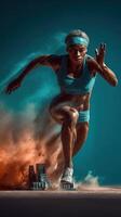Sprinting athlete takes off from starting blocks in vibrant, dynamic setting with dust cloud in background photo
