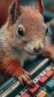 Squirrel interacting with colorful sound mixing console in an outdoor environment during daylight photo